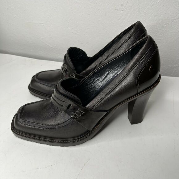 NavyBoot Dark Brown Italian Leather Chunky Heel Loafer Pumps size 37 (6.5) - Picture 5 of 8